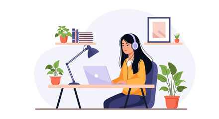 Young woman working from home on laptop, perfect for illustrating remote work, online learning, or work-life balance.