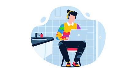 Person working on laptop in a bathroom, illustration for articles about work-life balance or remote work.