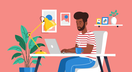 Young man working on laptop at home office, ideal for website landing pages or blog posts about remote work.