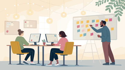 Teamwork and collaboration: Illustration of diverse colleagues working together on a project in a modern office setting. Ideal for websites, presentations, and marketing materials.