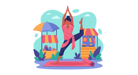 Woman doing yoga outdoors near a market, perfect for wellness websites or brochures.