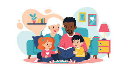 Happy family reading a book together at home. Perfect for family blogs, children's books, or websites promoting family values.