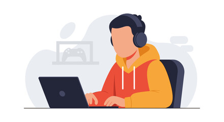 Young man playing video games on laptop, perfect for blog posts about gaming or esports.