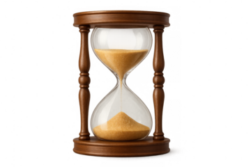 Sand flowing through classic wooden hourglass, measuring passing time, on transparent background