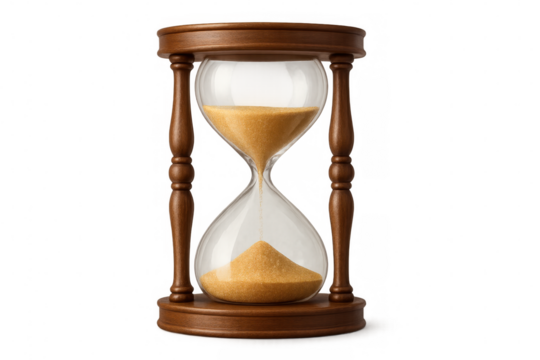 Sand flowing through classic wooden hourglass, measuring passing time, on transparent background