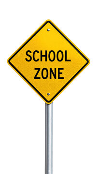 Yellow diamond-shaped school zone sign on a metal post isolated on a transparent background.