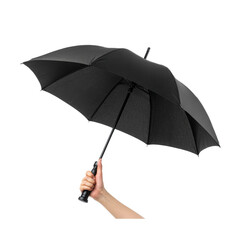 A hand is holding an open black umbrella