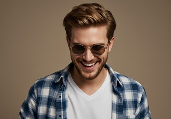 Fototapeta premium Smiling man in sunglasses wearing a flannel shirt and white vneck tshirt against a neutral background