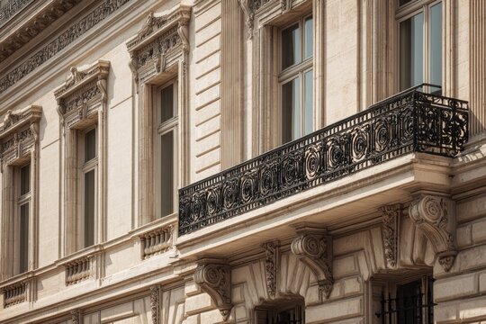A frontal view of the facade, a balcony with a black metal balustrade in front of a beige limestone building in Paris Generative AI