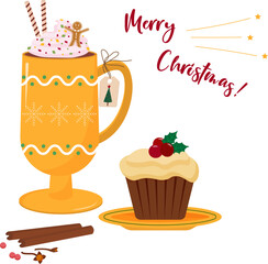 Holiday greeting card design Yellow cup with chocolate drink, pranika man, cupcake. Holly decoration. Sweet treat for Christmas. Waiting for the holiday. Vector illustration