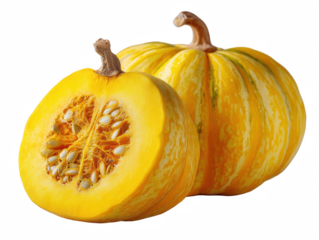 Two vibrant yellow pumpkins, one halved, displaying seeds and pulp, isolated on transparent background