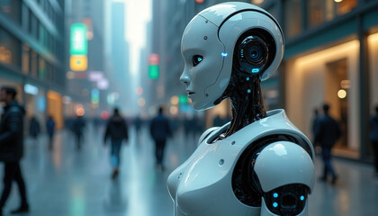 A high-quality 3D illustration of a humanoid robot AI bot observing data on a glowing futuristic screen. Symbolizes artificial intelligence, machine learning, data processing, and advanced technology.