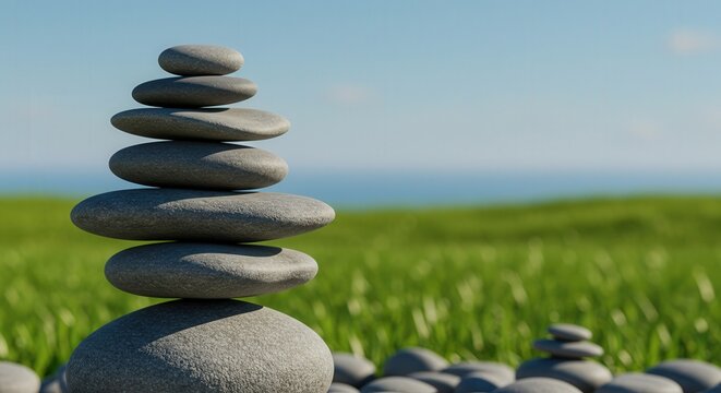 Stones stacked in balance on green grass with blue ocean background  