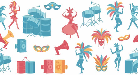 A vibrant collection of carnival elements including dancing figures in colorful costumes, drums, masks, and musical instruments, evoking a festive and celebratory atmosphere.