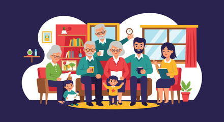 Happy multigenerational family gathering at home, perfect for family, togetherness, and generational connection themes.