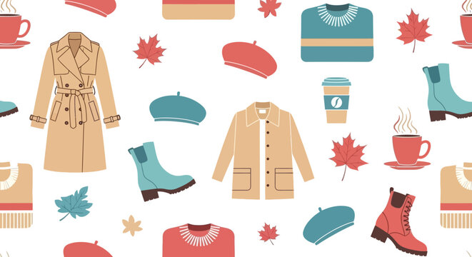 A cozy autumn pattern featuring stylish trench coats, warm sweaters, fashionable berets, and hot beverages, interspersed with colorful maple leaves. - Powered by Adobe