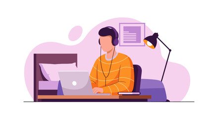 Young man working from home, using laptop and headphones. Perfect for blogs, articles about remote work, or productivity.