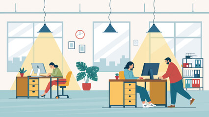 Modern office coworkers working at desks, perfect for website landing pages or brochures.