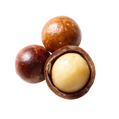 Three macadamia nuts, two whole and one cracked open, are arranged. The nuts are brown with a smooth surface, and the one split open reveals a creamy white interior