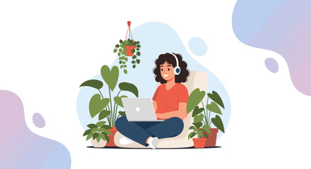 Happy woman working from home on laptop, surrounded by plants. Perfect for blog posts, websites, and social media.