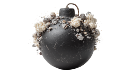 Black spherical bomb with a white fuse, symbolizing danger or explosion. 3D Rendering isolated on transparent background 