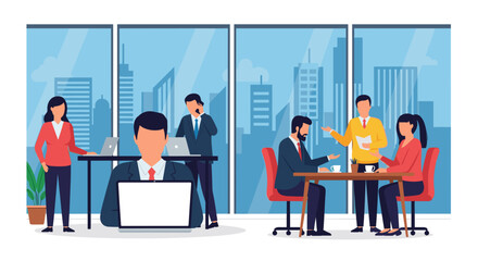 Modern Business Team Collaboration: Diverse professionals working together in a contemporary office setting. Ideal for website banners, presentations, and marketing materials.