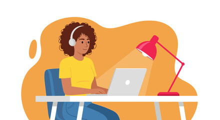Young woman working on laptop at home, perfect for blog posts about remote work or online learning.