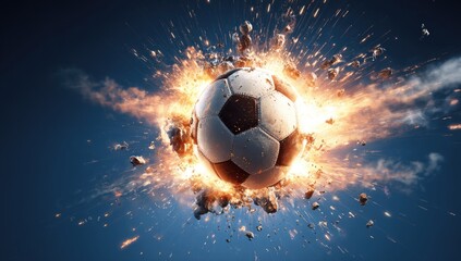 Fototapeta premium A soccer ball explodes in a fiery, dynamic burst of light and debris against a dark blue backdrop
