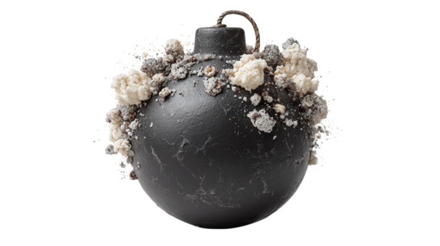Black spherical bomb with a white fuse, symbolizing danger or explosion. 3D Rendering isolated on transparent background 