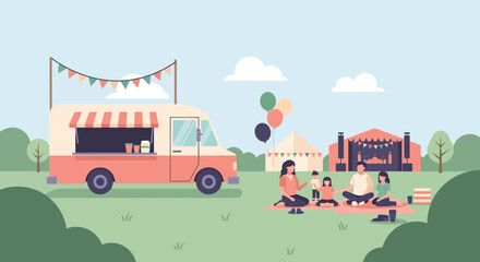 A family enjoys a picnic with food truck and stage at outdoor event.