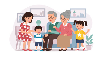 Happy multigenerational family illustration perfect for websites, brochures, or family-themed projects.