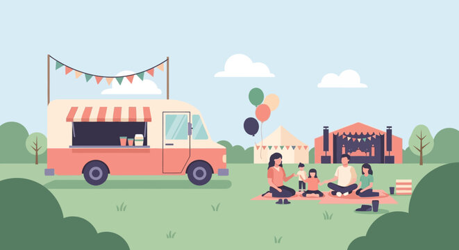 A family enjoys a picnic with food truck and stage at outdoor event.