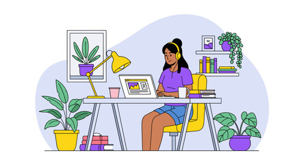 Woman working from home at her desk, perfect for remote work, freelance, or home office blog posts.