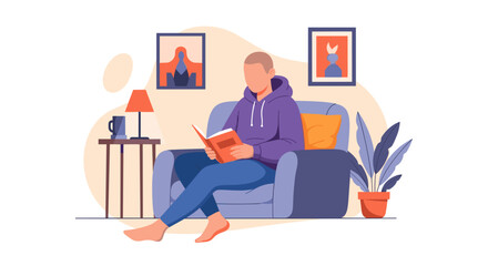 Relaxing man reading a book in a comfy armchair, perfect for wellbeing and home comfort websites and blogs.