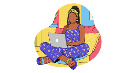 Woman working from home on laptop, illustration for website or blog.