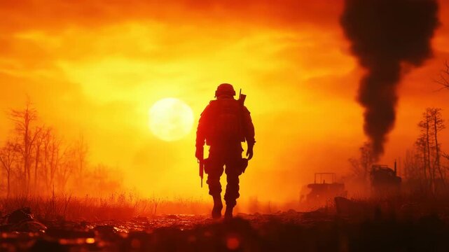 Silhouette Soldier walking towards the sun in a desolate warzone landscape during sunset or sunrise