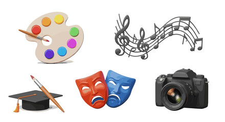 A collection of artistic and academic symbols including painting music theater photography and graduation cap on transparent background