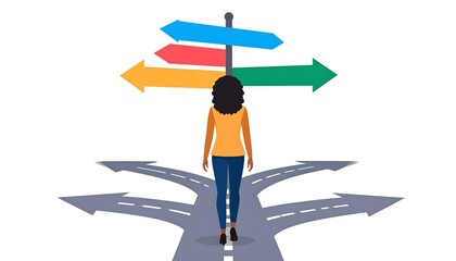 Woman at a crossroads, facing multiple options
