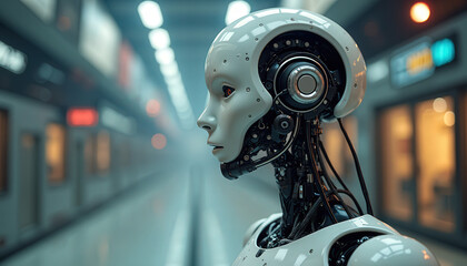 A high-quality 3D illustration of a humanoid robot AI bot observing data on a glowing futuristic screen. Symbolizes artificial intelligence, machine learning, data processing, and advanced technology.