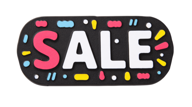 Black price label with bold "SALE" message, cartoon plastic-style, isolated on transparent background  - Powered by Adobe
