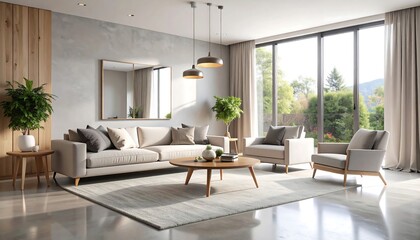 Living Room Interior with Sofa, Armchairs and Nature View