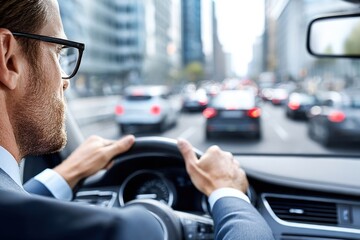 A man in a suit and eyeglasses driving a vehicle in city traffic, during the daytime, focused on the road ahead.
