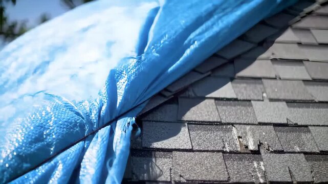 Protective Blue Tarp Covers Damaged Asphalt Shingle Roof Under Repair