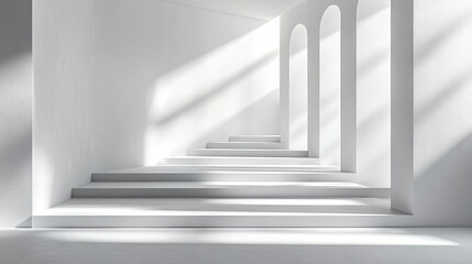Obraz premium White architectural stairway with arched windows, sunbeams, and minimalist design