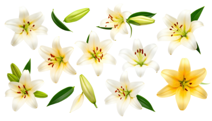 Assorted lilies arranged isolated on a transparent background.
