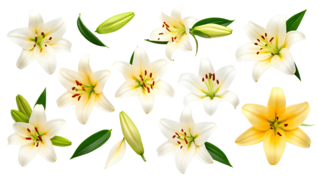 Assorted lilies arranged isolated on a transparent background.