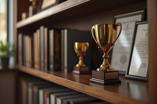 Golden trophy gleams on wooden shelf beside framed certificates, symbolizing achievement and recognition in a scholarly setting.