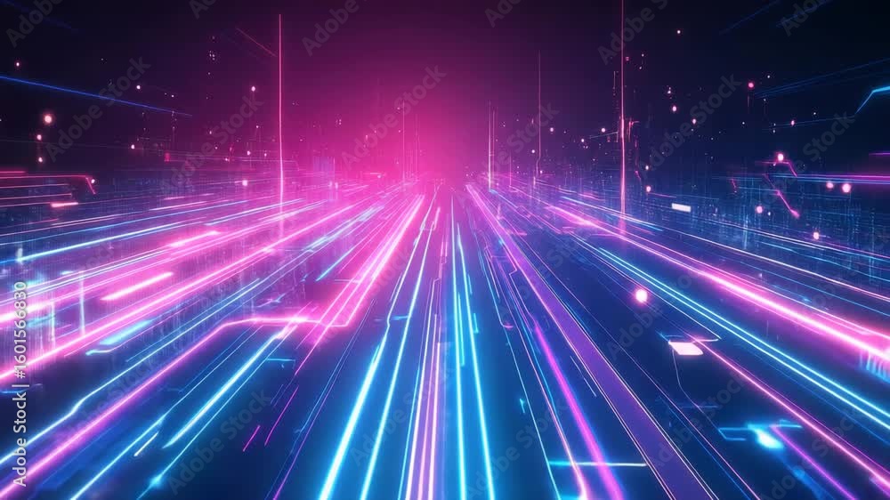 Poster abstract neon light trails speeding through a digital cyber space environment with futuristic