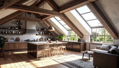 Open Concept Kitchen Living Space in Attic Conversion with Skylights