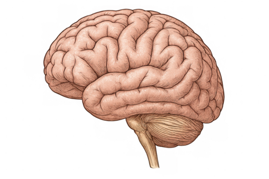 Highly detailed illustration of a human brain, showcasing its complex structure and textures, isolated on a transparent background